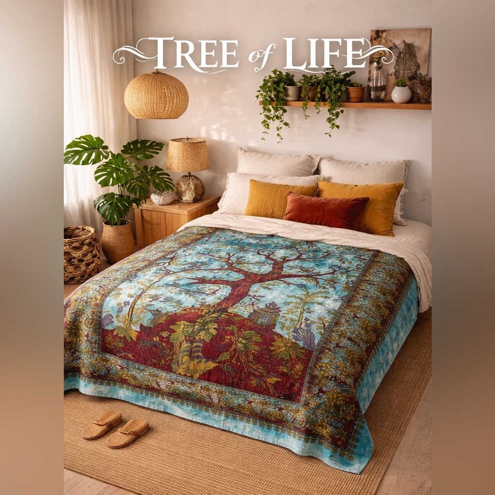 Tree of Life Indian Cotton Tapestry Wall Hanging Bedspread Global Decor 80x53